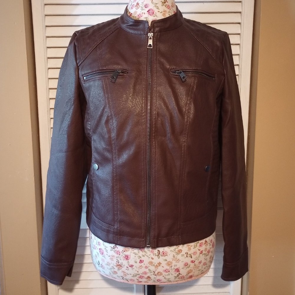 New with Tags Fahsyee Women's Zip-Up Faux Leather Jacket, Size M, Coffee Brown - Picture 2 of 13